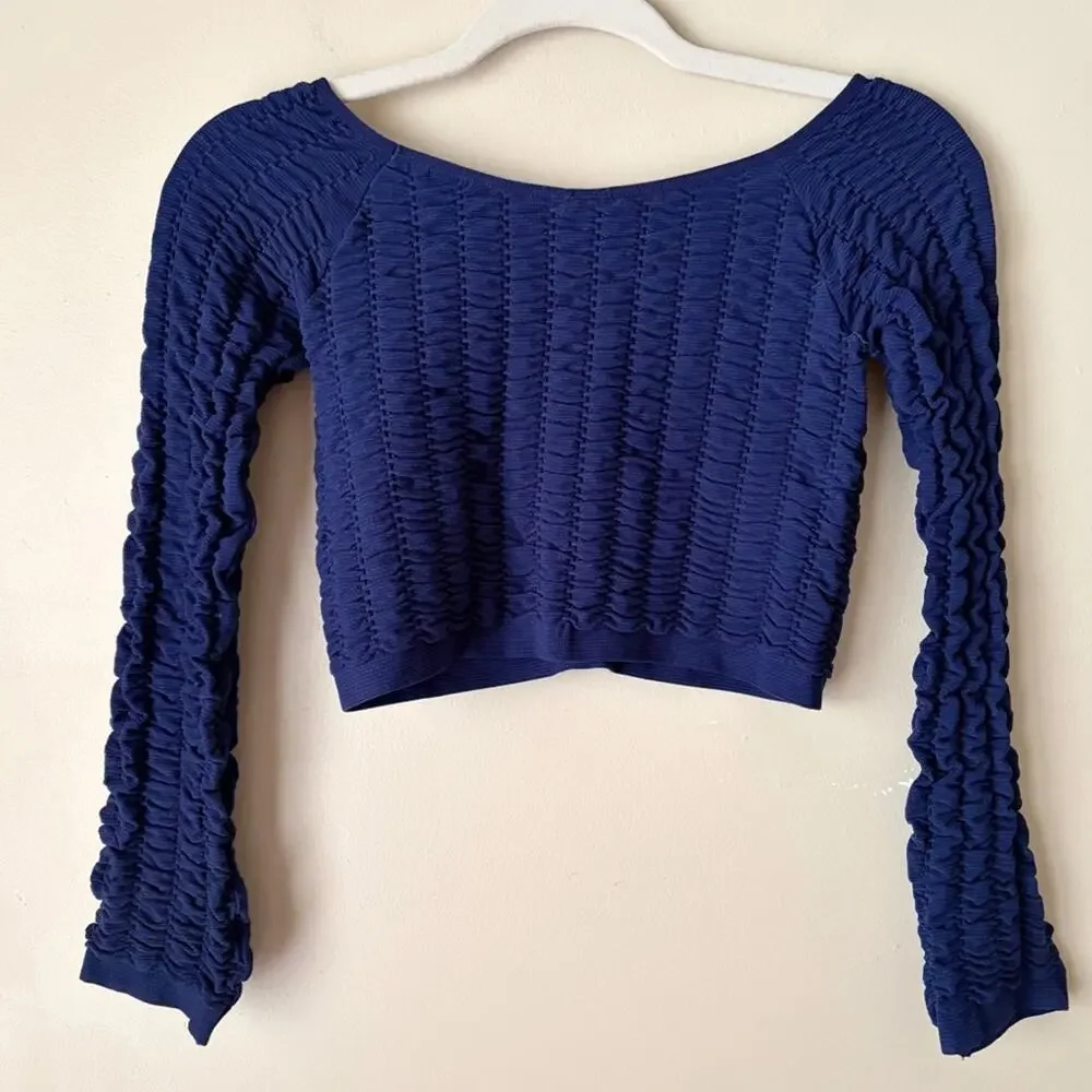 Anthropologie | Shirred Textured Long Sleeve Crop Top Boho Navy Blue L/XL NWT